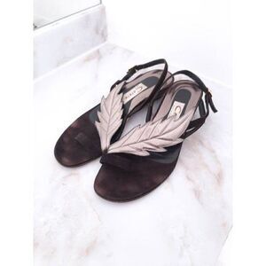 Vintage sling back sandals with leather leaf and buckle silver and black sz - 6